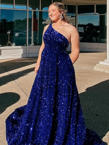 Sleeveless Royal Blue A-Line One Shoulder Prom Dress / Evening Gown Maidstone