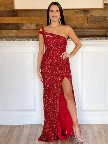 Sleeveless Burgundy Sheath Velvet Sequin One Shoulder Evening Dresses Maidstone
