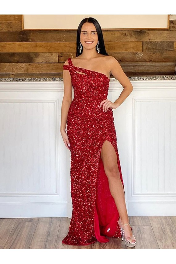 Sleeveless Burgundy Sheath Velvet Sequin One Shoulder Evening Dresses Maidstone