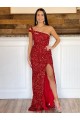 Sleeveless Burgundy Sheath Velvet Sequin One Shoulder Evening Dresses Maidstone