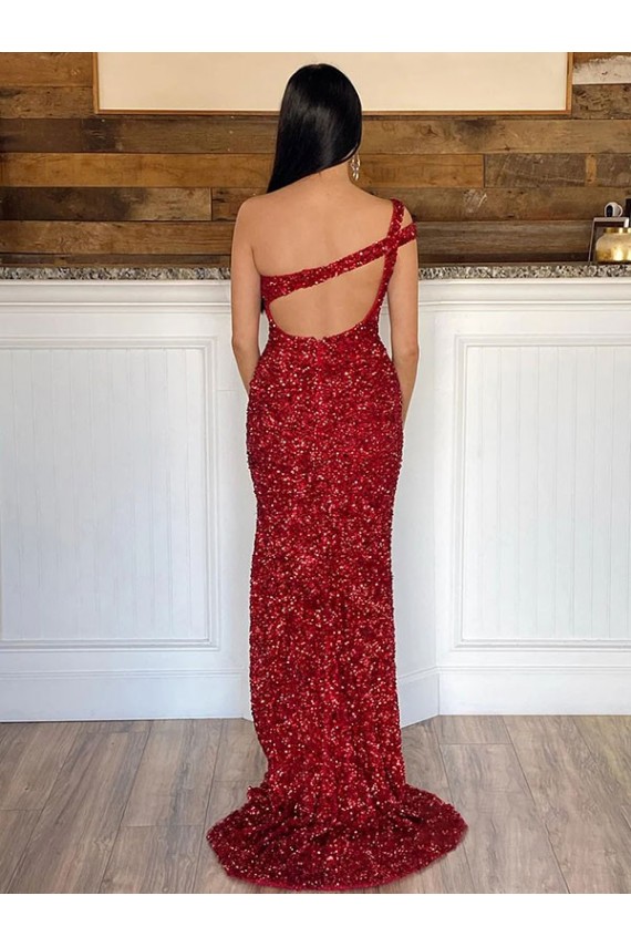 Sleeveless Burgundy Sheath Velvet Sequin One Shoulder Evening Dresses Maidstone