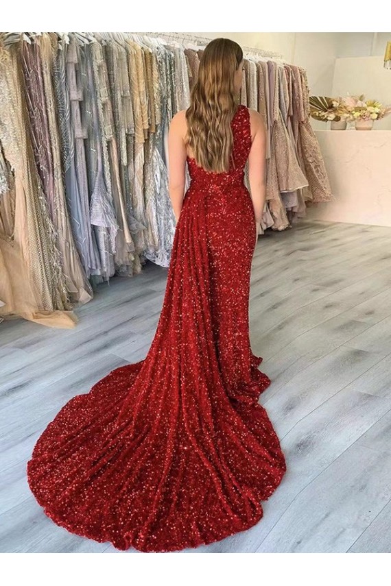 Sleeveless Burgundy Sheath Velvet Sequin One Shoulder Prom Dress Maidstone