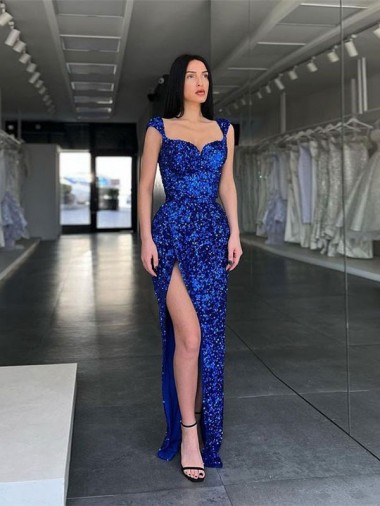 Sleeveless Royal Blue Sheath Spaghetti Straps Evening Gown / Prom Dress Maidstone