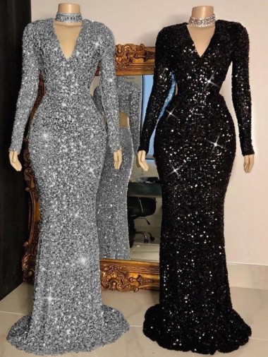 Long Sleeves Black Sheath V-Neck Prom Dress Maidstone