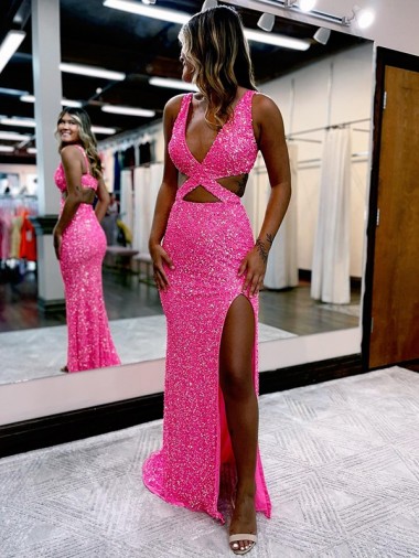 Sleeveless Shown Color Sheath Velvet Sequin V-Neck Evening Dress Maidstone