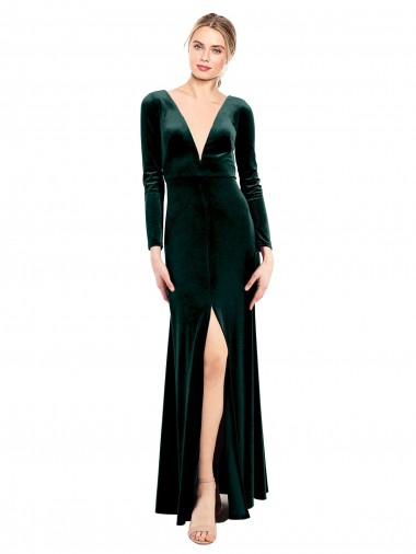 Long Sleeves Dark Green Open Back A-Line V-Neck Black Tie Prom Dress / Bridesmaid Dress Maidstone