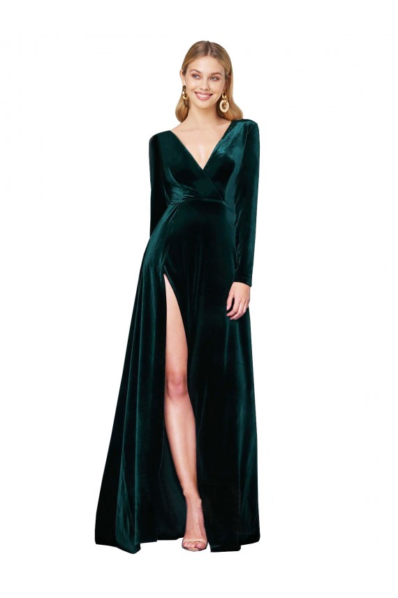 Long Sleeves Dark Green A-Line V-Neck Black Tie Evening Gown / Prom Dress / Bridesmaid Dress Maidstone