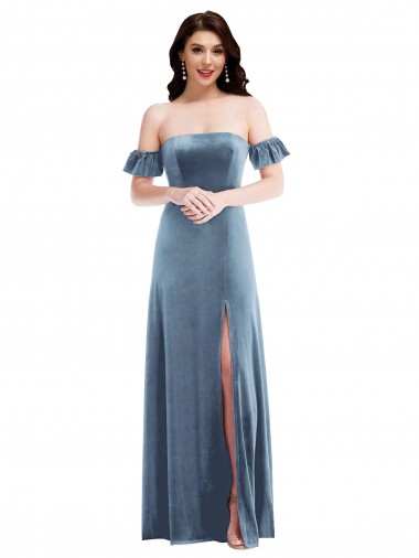 Ruffle Sleeves Dusty Blue Low Back A-Line Off the Shoulder Formal Dress / Bridesmaid Dress Maidstone