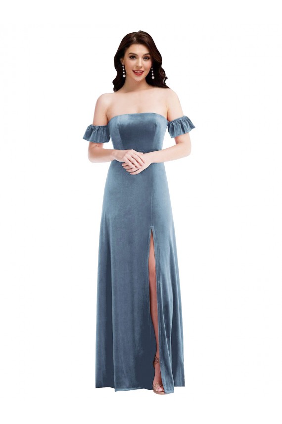 Ruffle Sleeves Dusty Blue Low Back A-Line Off the Shoulder Formal Dress / Bridesmaid Dress Maidstone