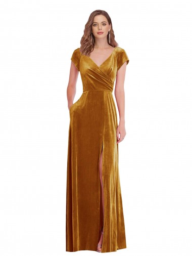 Cap Sleeves Gold Sheath V-Neck Formal Evening Gown / Prom Dress / Bridesmaid Dress Maidstone