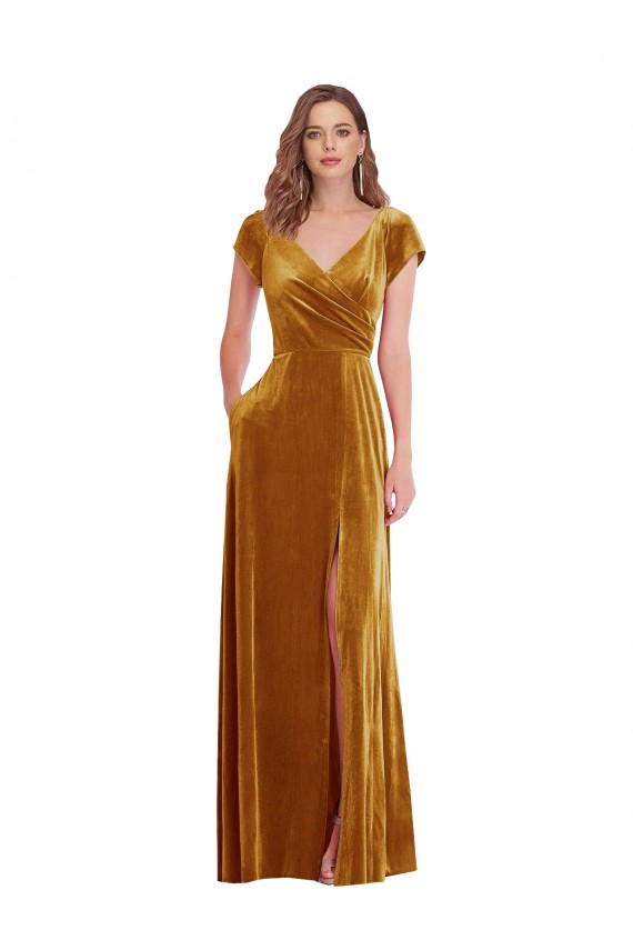 Cap Sleeves Gold Sheath V-Neck Formal Evening Gown / Prom Dress / Bridesmaid Dress Maidstone