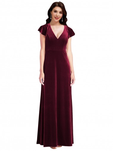 Flutter Sleeves Burgundy A-Line V-Neck Semi Formal Evening Dress / Prom Dress / Bridesmaid Dress Maidstone