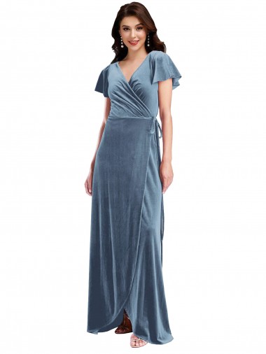 Flutter Sleeves Dusty Blue A-Line V-Neck Black Tie Evening Gown / Prom Dress / Bridesmaid Dress Maidstone
