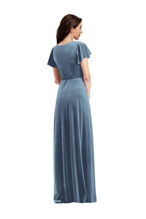 Flutter Sleeves Dusty Blue A-Line V-Neck Black Tie Evening Gown / Prom Dress / Bridesmaid Dress Maidstone