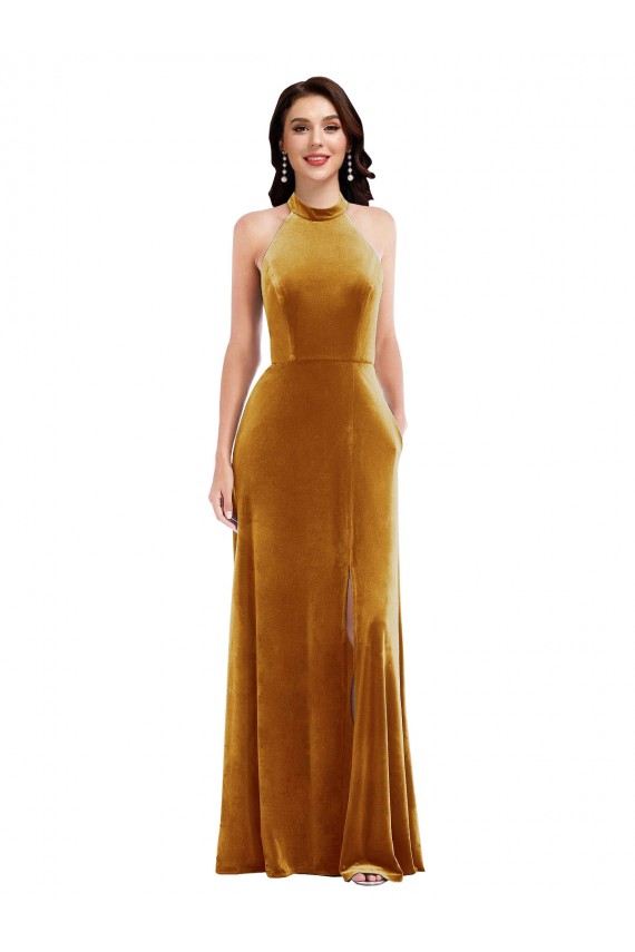 Sleeveless Gold Keyhole Back Trumpet Halter Neck Semi Formal Evening Dress / Prom Dress / Bridesmaid Dress Maidstone