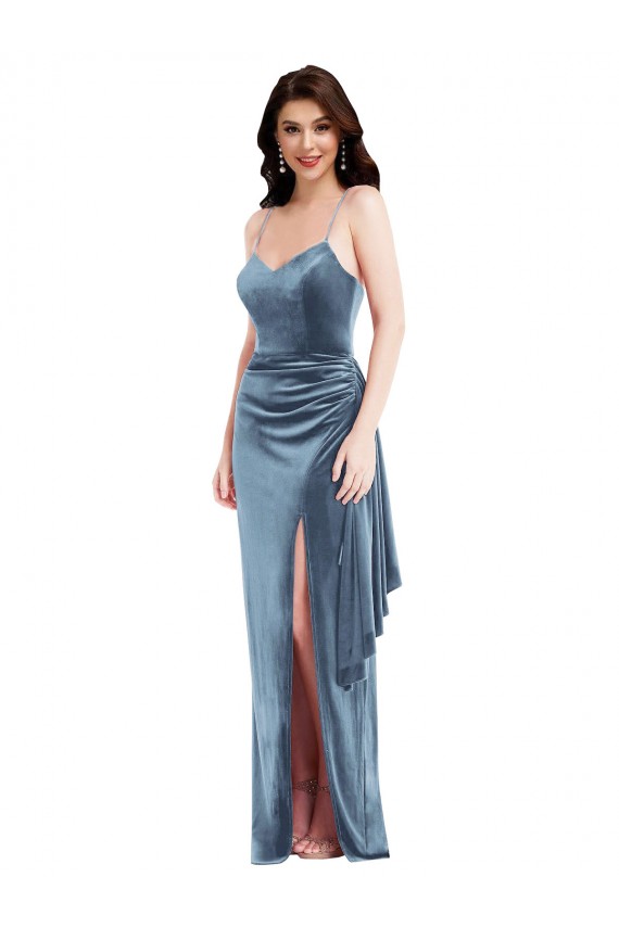 Sleeveless Dusty Blue Low Back Trumpet Spaghetti Straps Formal Evening Gown / Prom Dress / Bridesmaid Dress Maidstone