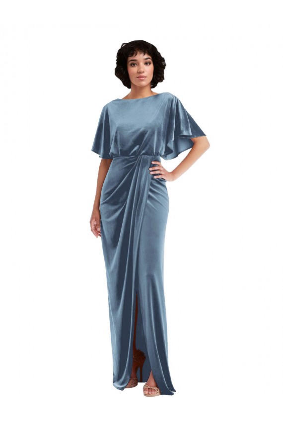 Flutter Sleeves Dusty Blue Open Back Sheath Semi Formal Evening Dress / Prom Dress / Bridesmaid Dress Maidstone
