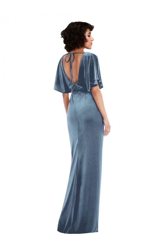 Flutter Sleeves Dusty Blue Open Back Sheath Semi Formal Evening Dress / Prom Dress / Bridesmaid Dress Maidstone