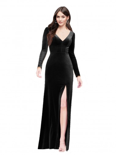 Long Sleeves Black V-Back Column V-Neck Formal Evening Gown / Prom Dress / Bridesmaid Dress Maidstone