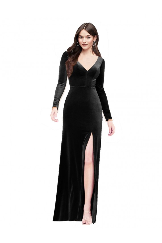 Long Sleeves Black V-Back Column V-Neck Formal Evening Gown / Prom Dress / Bridesmaid Dress Maidstone