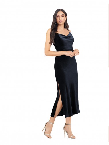 Sleeveless Dark Navy Low Back Column Cowl Neck Formal Evening Gown / Prom Dress / Bridesmaid Dress Maidstone