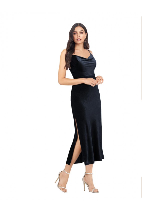 Sleeveless Dark Navy Low Back Column Cowl Neck Formal Evening Gown / Prom Dress / Bridesmaid Dress Maidstone