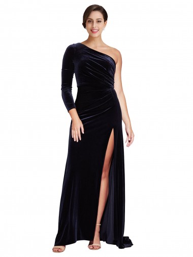Long Sleeves Dark Navy A-Line One Shoulder Formal Evening Gown / Prom Dress / Bridesmaid Dress Maidstone