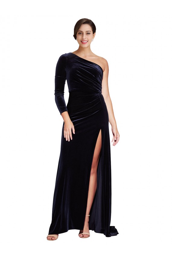 Long Sleeves Dark Navy A-Line One Shoulder Formal Evening Gown / Prom Dress / Bridesmaid Dress Maidstone