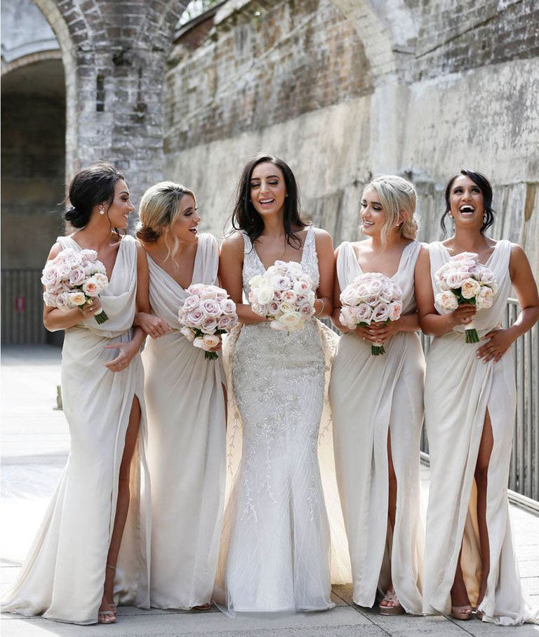 Full Length Luxe Chiffon Long Champagne bridesmaid dresses Maidstone with Sexy High Slit and Front Ruffles