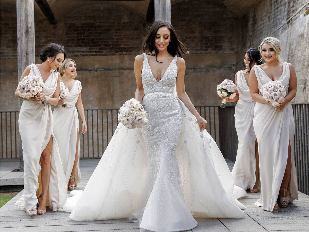 Full Length Luxe Chiffon Long Champagne bridesmaid dresses Maidstone with Sexy High Slit and Front Ruffles