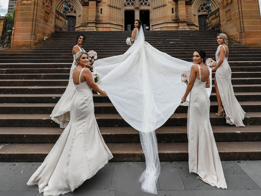 Full Length Luxe Chiffon Long Champagne bridesmaid dresses Maidstone with Sexy High Slit and Front Ruffles