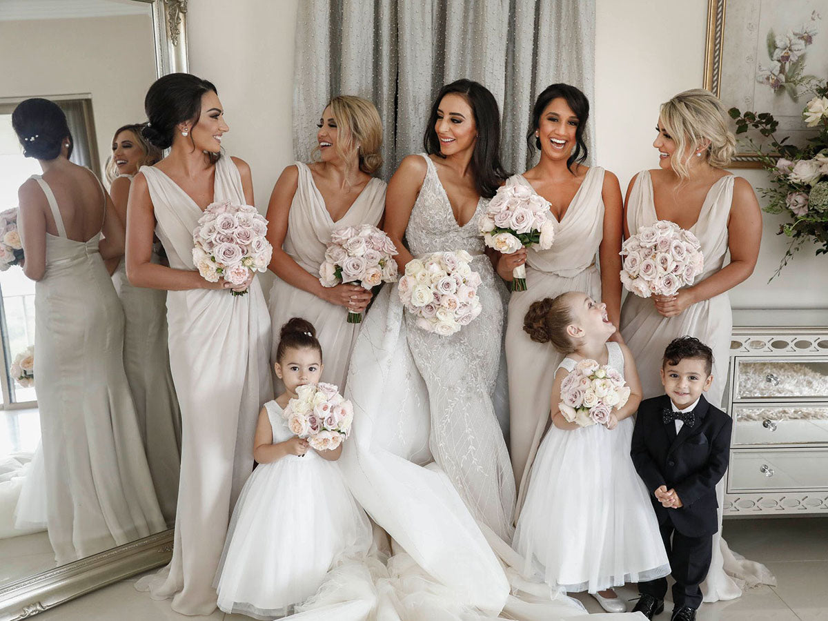 Full Length Luxe Chiffon Long Champagne bridesmaid dresses Maidstone with Sexy High Slit and Front Ruffles