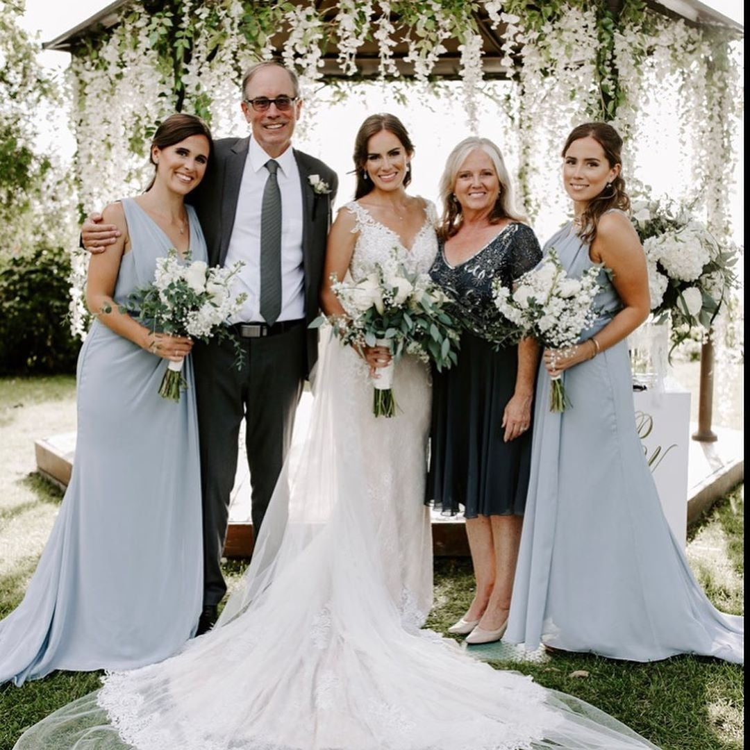 Dusty Blue Full Length Luxe Chiffon Long Champagne bridesmaid dresses Maidstone with Sexy High Slit and Front Ruffles
