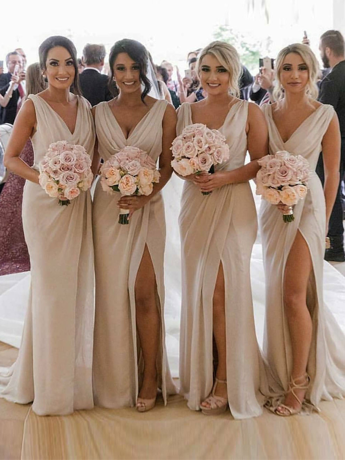 Champagne Full Length Luxe Chiffon Long Champagne bridesmaid dresses Maidstone with Sexy High Slit and Front Ruffles